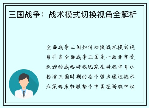 三国战争：战术模式切换视角全解析