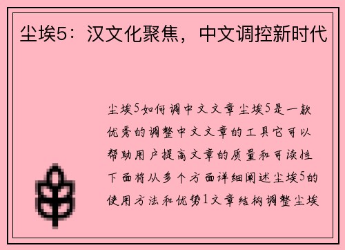 尘埃5：汉文化聚焦，中文调控新时代